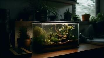 un pequeño acuario lleno de aquascape acuático planta en el mesa con bajo luz, habitación lleno con flor en un maceta. ai generado foto