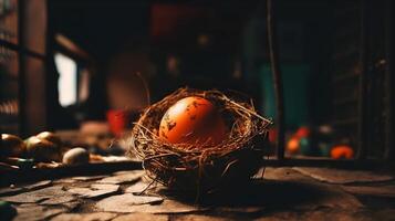 un naranja huevo en un pájaro nido interior como Pascua de Resurrección concepto. ai generado foto