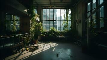Abandoned City Building with Natural Light and Greenery Through Empty Windows. AI Generated photo
