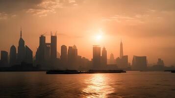 Vibrant city skyline with reflective water and stunning architecture at sunset. Impressive urban skyline with skyscrapers, office buildings, and stunning sunset reflections on water. photo