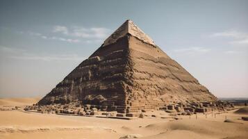 Ancient pyramid at the desert, blue sky, egyptian culture. AI Generated photo