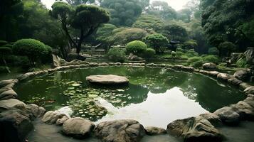 Tranquil nature scene with calm waters, lush greenery, and reflective pond. AI Generated photo