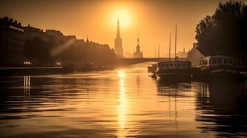 City skyline at sunrise reflects on calm waters with boats in city rivers and urban architecture. AI Generated photo