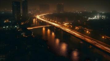 ciudad horizonte a oscuridad iluminado noche reflexiones en puente y edificios ai generado foto