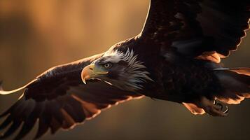 Close up shot of Bald Eagle Haliaeetus Leucocephalus white head flying catching a prey. photo