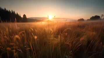 Landscape of grasslands and some trees with sunset in the evening golden hour and mountains in the background. AI Generated photo