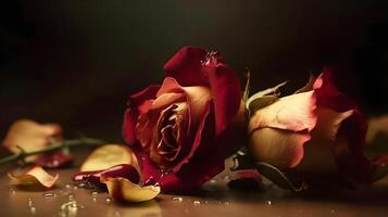 Beautiful red rose flower and fallen flower parts and water droplet looks fresh laying on the studio set dark background. Concept images. AI Generated photo