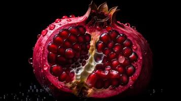 Sliced of red pomegranate or Punica granatum fruit with water drops isolated on black background. AI Generated photo