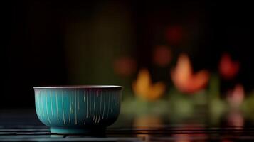 A blue fancy ceramic bowl at the table indoor. AI Generated photo