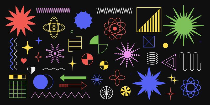 Collection of colorful retro geometric graphic shapes, 2000s y2k graphics