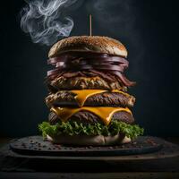 a large hamburger with cheese and bacon on top ai generated photo