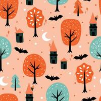 Seamless pattern with a print for the Halloween holiday. Autumn forest with fantasy houses, bats. Vector graphics.