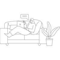 Girl on Sofa Bed People Communication Outline 2D Illustration png