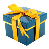 blue gift box tied with yellow ribbon isolated on transparent background ,generative ai png