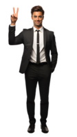 Geschäft Mann posieren Stehen zeigen Finger isoliert auf transparent Hintergrund ,generativ ai png