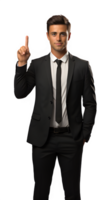 business man posing standing showing finger isolated on transparent background ,generative ai png