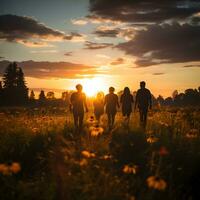 silueta de amistad participación manos en contra el antecedentes de un prado a puesta de sol ,generativo ai foto