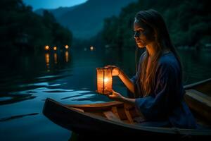 portrait of a woman sitting on a small boat and holding a lantern at dawn ,generative ai photo