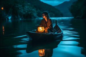 portrait of a woman sitting on a small boat and holding a lantern at dawn ,generative ai photo