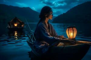 portrait of a woman sitting on a small boat and holding a lantern at dawn ,generative ai photo