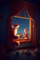 ilustración de Papa Noel claus con un niño detrás el ventana ,generativo ai foto