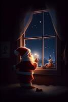 illustration of Santa Claus with a child behind the window ,generative ai photo