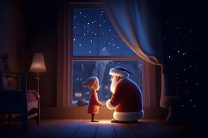 ilustración de Papa Noel claus con un niño detrás el ventana ,generativo ai foto