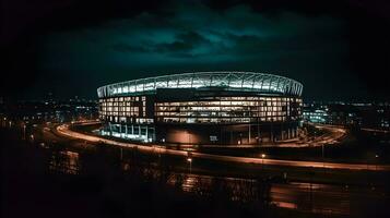 view of football stadium building at night ,soccer stadium at night ,generative ai photo