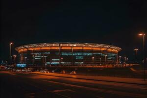 view of football stadium building at night ,soccer stadium at night ,generative ai photo