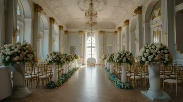 wedding room interior with white dominant decoration ,wedding event hall ,generative ai photo