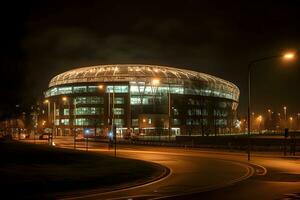 view of football stadium building at night ,soccer stadium at night ,generative ai photo