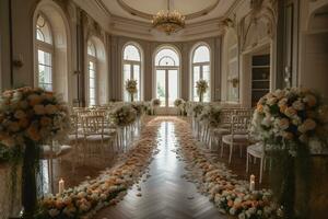 wedding room interior with white dominant decoration ,wedding event hall ,generative ai photo