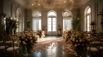wedding room interior with white dominant decoration ,wedding event hall ,generative ai photo