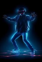 gamer man wearing virtual glasses on blue neon background ,generative ai photo