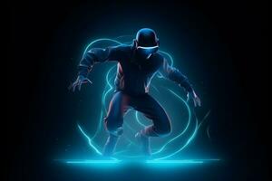 gamer man wearing virtual glasses on blue neon background ,generative ai photo