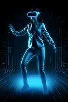 dancing gamer person wearing virtual glasses on blue neon background ,generative ai photo