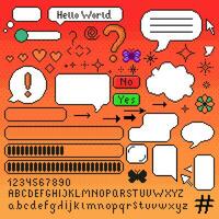 Pixel dialog and other 8 bit game interface elements. Speech bubble, buttons yes no, alphabet upper and lower case, heart, cursor, star sparkles. vector