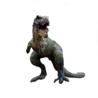 An extreme closeup view of an ominous T-Rex dinosaur figurine isolated against a clean white background. Monstrous animal with sharp teeth. png