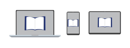 libro electronico icono marca y computadora, tableta y teléfono inteligente línea dibujo ilustración negro y blanco material conjunto png