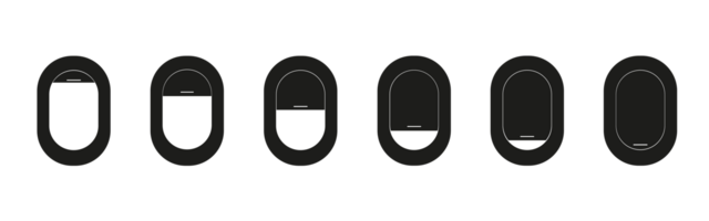 Flugzeugfenster. Reihe von Vektorflugzeugfenstern mit Vorhängen in verschiedenen Positionen. Vektor-Illustration png