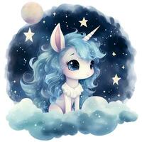 un linda unicornio mirando arriba a el estrellado cielo y un tranquilo Luna acuarela ilustración, ai generativo foto