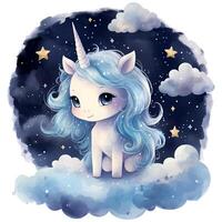 un linda unicornio mirando arriba a el estrellado cielo y un tranquilo Luna acuarela ilustración, ai generativo foto