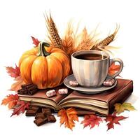 Autumnal hot chocolate with pie Watercolor illustration AI Generative photo