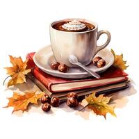 Autumnal hot chocolate with pie Watercolor illustration AI Generative photo