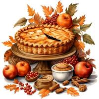 Autumnal hot chocolate with pie Watercolor illustration AI Generative photo