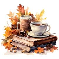 Autumnal hot chocolate with pie Watercolor illustration AI Generative photo