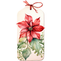 Christmas gift tag with poinsettia flowers. Watercolor illustration AI Generative png