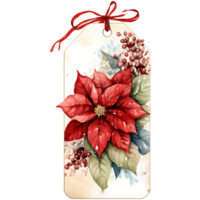 Christmas gift tag with poinsettia flowers. Watercolor illustration AI Generative png