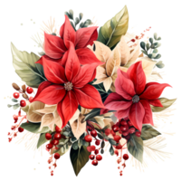 Christmas bouquet with poinsettia, holly and berries. Watercolor illustration AI Generative png