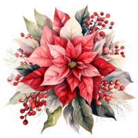 Christmas bouquet with poinsettia, holly and berries. Watercolor illustration AI Generative png